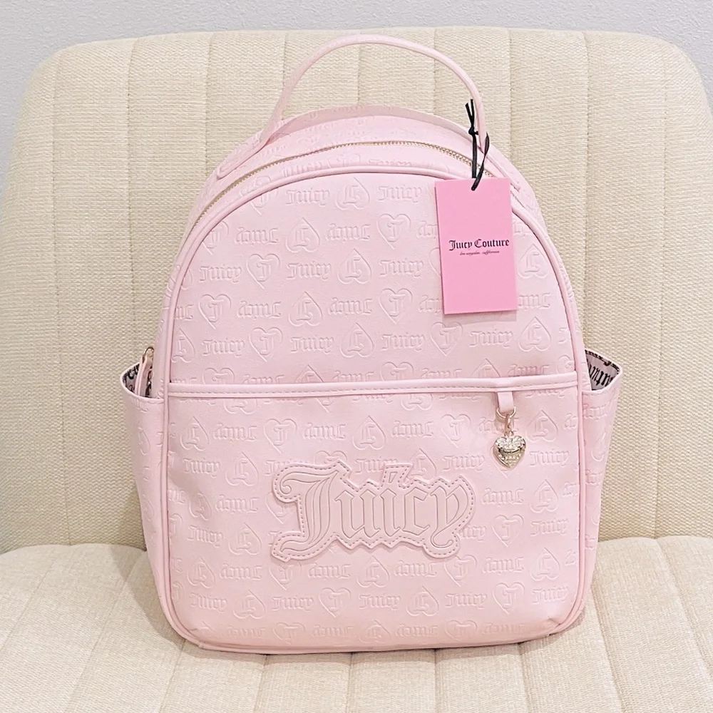 NEW Juicy‎ Couture Pink Embossed Heart Backpack Rhinestone Charm Y2K Logo